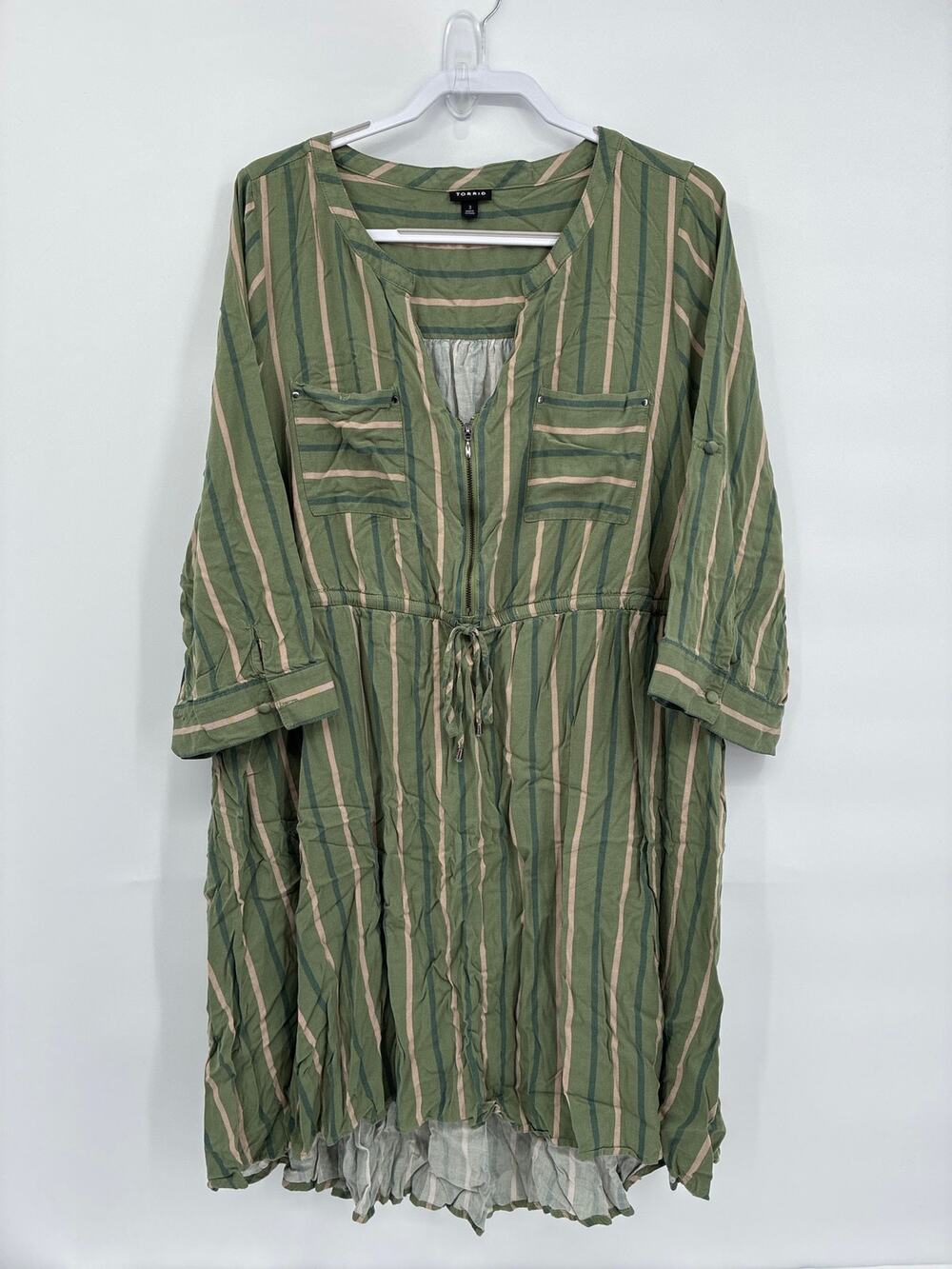 Torrid Mini Challis High-Low Shirt Dress Green Stripe Roll Sleeves size 3